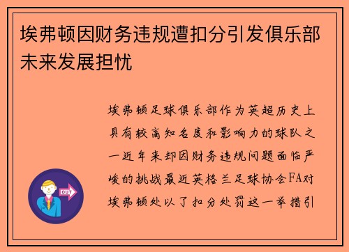 埃弗顿因财务违规遭扣分引发俱乐部未来发展担忧